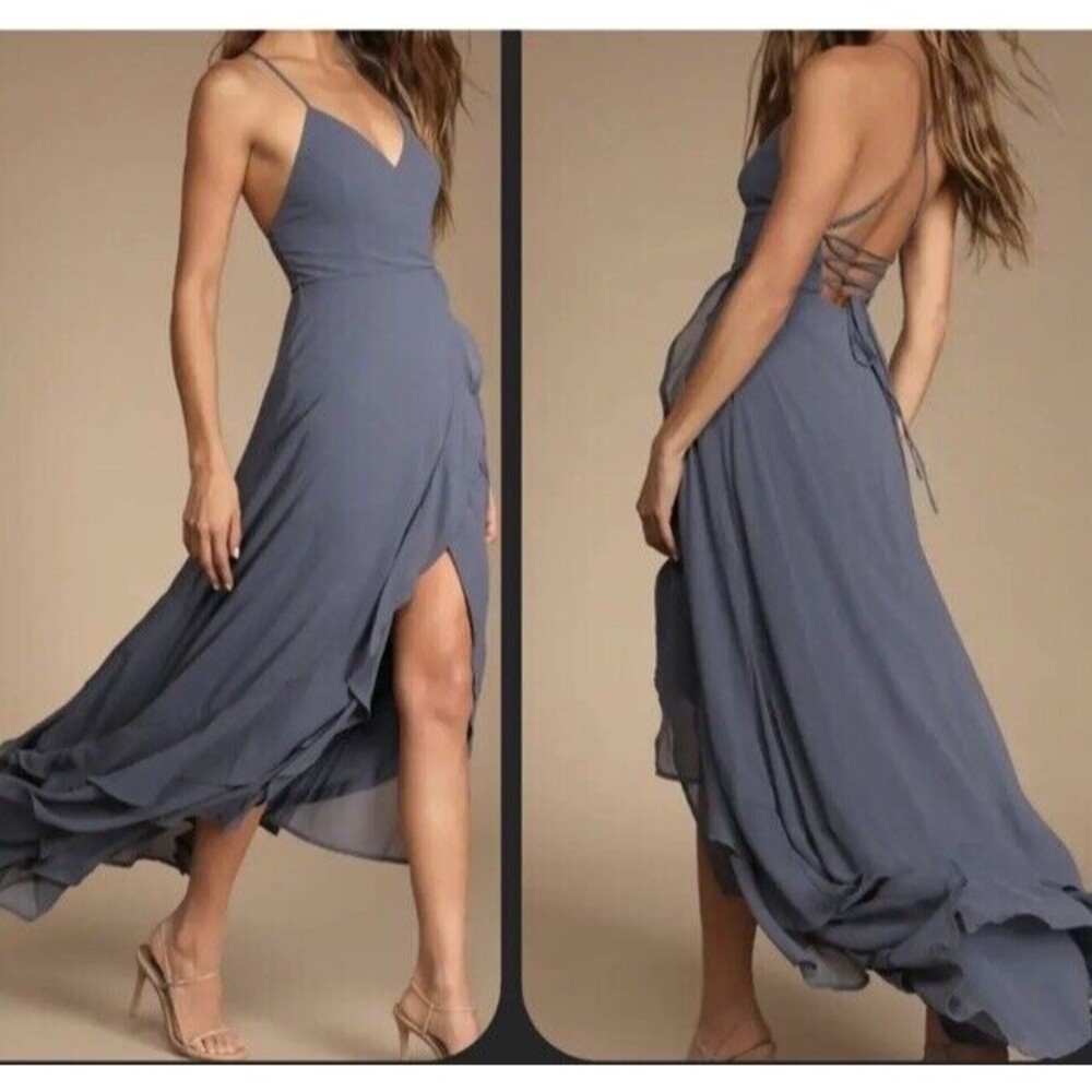NWT Lulus In Love Forever Granite Blue Maxi Dress Size Medium Lace Up High Low